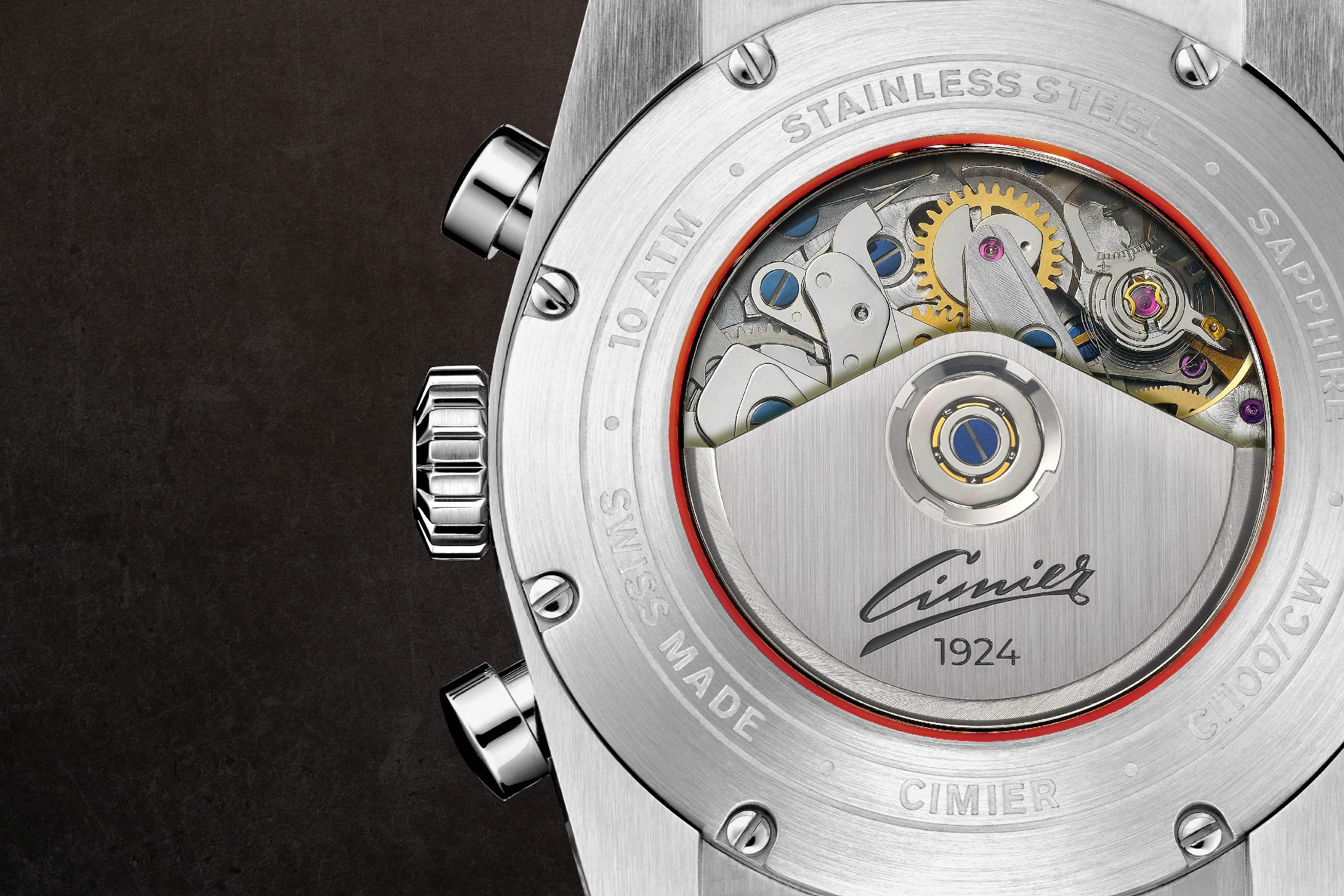 Back of Cimier wristwatch with movement visible